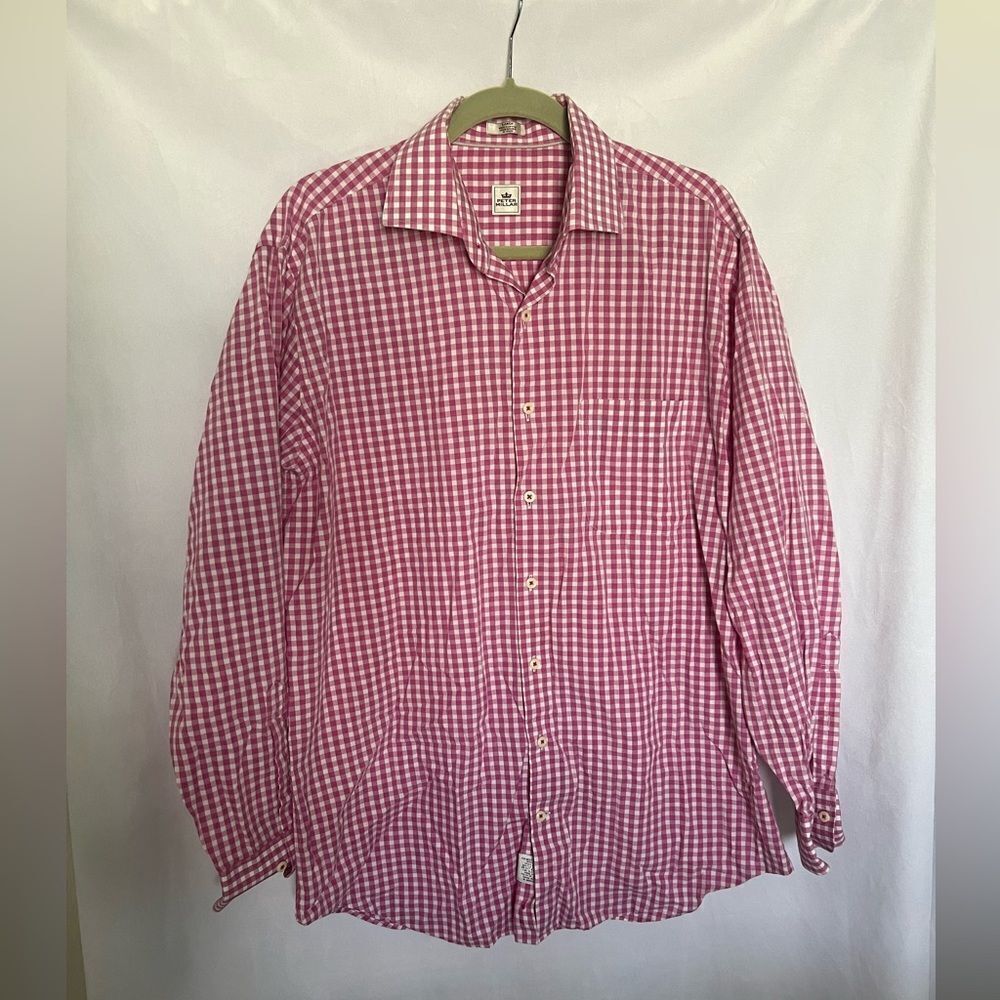Peter Millar men’s cotton pink plaid button down shirt, large